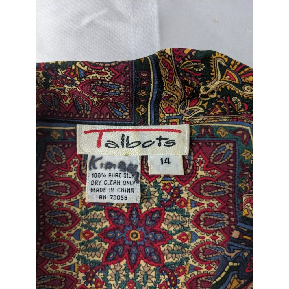 Talbots 100% Silk Brown Paisley Geometric Tile Button Down Blouse Shirt 14 - Picture 5 of 6